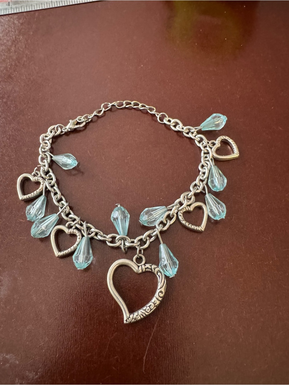 Source Unknown Silver Heart Charm Bracelet with Pale Blue Teardrop Charms